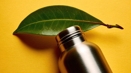 Still life composition featuring the top portion of a brushed stainless steel reusable water bottle positioned beneath a single, broad, dark green leaf. The background is a solid, saturated yellow, creating a high-contrast visual emphasizing themes of ecology and durable hydration solutions.の素材