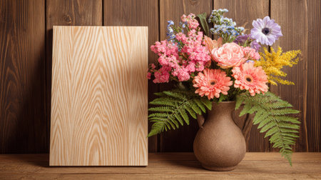 Vertical rectangular piece of light-colored wood with prominent grain sits on a wooden surface, positioned to the left of a brown, textured clay vase holding a vibrant bouquet of mixed flowers including pink, orange, yellow, and light purple blossoms, complemented by green fern fronds, all set against a dark, vertical wood plank background.の素材