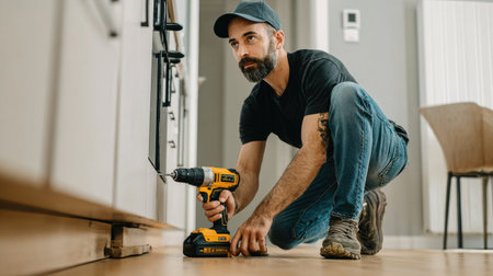 Person in casual work attire is focused on fixing a kitchen cabinet by using a cordless drill to attach it to the base.の素材