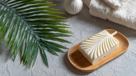 Overhead still life arrangement showcasing a bar of white soap molded in the shape of a feather or leaf, resting on a small oval wooden dish. To the left, a vibrant green palm frond hangs into the frame, contrasting with the textured light gray surface below. In the upper right background, a soft white folded towel and a spherical white object suggest a relaxing bathroom or spa setting.の素材