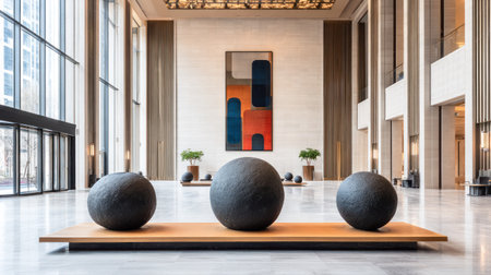 Wide-angle view of an upscale, modern interior space, likely a hotel or corporate lobby, featuring towering ceilings and expansive glass curtain walls on the left side letting in natural light. The foreground is dominated by a low wooden platform displaying three large, rough-textured, dark spherical sculptures arranged horizontally. The background wall features a large, colorful abstract artwork with blocks of orange, blue, and muted tones, flanked by tall architectural columns and vertical wall treatments, with smaller potted plants placed symmetrically.の素材