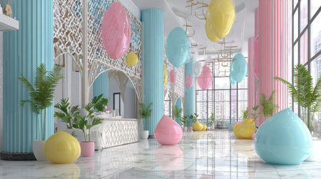 Digitally rendered, spacious interior environment featuring pastel pink, blue, and yellow decorative elements, including large, shiny, teardrop-like shapes resting on a polished marble floor and elongated oval shapes suspended from the ceiling, set amidst cylindrical columns and lush potted plants, with a large window wall offering a view of city buildings.の素材