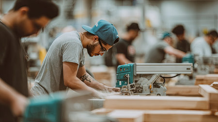 Indoor shot of a woodworking shop, showing a man using a miter saw on wooden frames.  Other workers are visible in the background.  The image emphasizes the focused work and the precision of the craft.の素材