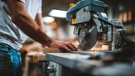Close-up image of a person's hands and a circular saw, while the person is cutting wood, focused on the hands and machine.の素材