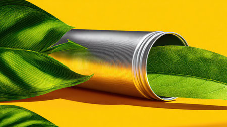 Shot illustrating the concept of renewable energy or natural resource containment, featuring a silver, ribbed metallic cylinder lying on its side against a saturated yellow background, with large, intensely green leaves emerging from or enveloping the container.の素材