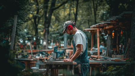 Man in work clothes and safety gear uses a power saw on a piece of wood at a workshop outdoors.の素材
