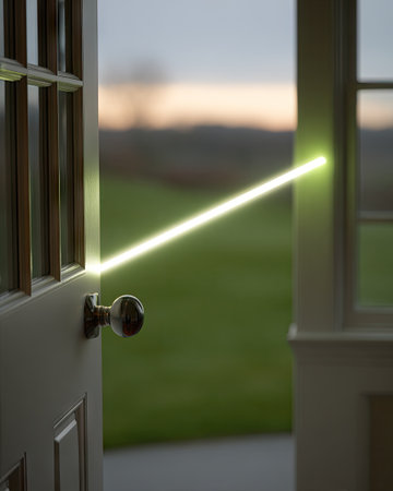 An open door allows a luminous beam to illuminate the outside world.の素材