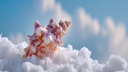 A colorful seashell is positioned on white clouds under a blue sky.の素材