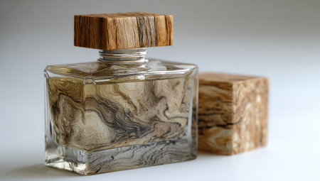 A sophisticated perfume bottle with a marbled pattern and a wooden cap.の素材