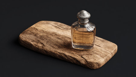 A clear glass perfume bottle with silver ornate cap sits on a rustic wooden surface.の素材
