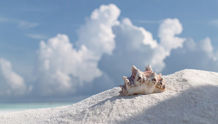 A single seashell sits on a bright sandy beach under a blue sky.の素材