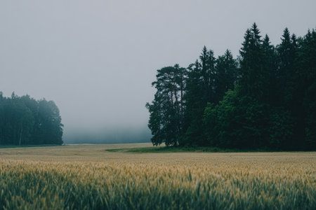 A serene landscape features a wheat field partially obscured by fog, bordering a dark forest.の素材