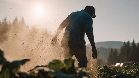 Silhouetted figure wearing a cap and long sleeves is seen from behind, actively working in a field, kicking up a noticeable cloud of dry dust and soil particles illuminated by a strong, bright sun low in the sky, with blurred foliage in the foreground and a backdrop of trees and distant hills.の素材