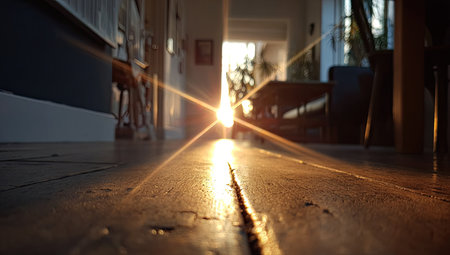 Sunbeams illuminate a wooden floor, casting warm light throughout a home interior.の素材