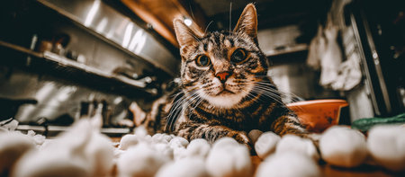 A tabby cat lies among food items, looking curiously at the camera.の素材