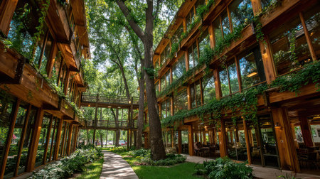 View looking down a central outdoor pathway flanked by multi-story buildings constructed primarily of wood and large windows, surrounded by mature trees and abundant green plant life cascading from the balconies and ground level, creating a seamless integration of built environment and nature.の素材