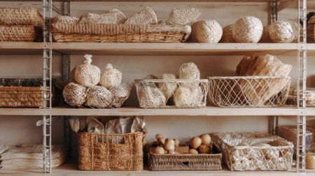 Collection of various woven baskets and netted items made from natural fibers are neatly arranged and stacked across multiple wooden shelves supported by metal uprights, suggesting a storage area or retail display for handcrafted or organic goods.の素材