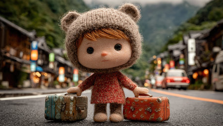 A whimsical doll wearing a bear hat stands with suitcases on a village street.の素材