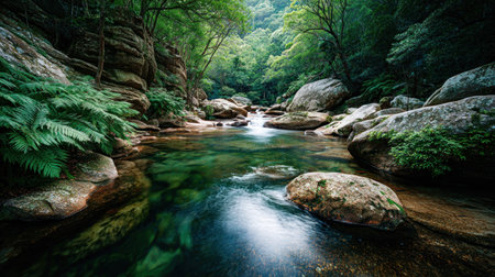 Scenic view captured in a deep, shaded gorge or valley where a narrow, clear stream flows over a bed of rounded stones and large boulders. The banks are densely covered with vibrant green ferns and thick forest canopy, creating a secluded and lush natural environment.の素材