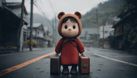 A stylized child in a bear hood stands with two suitcases on a street.の素材
