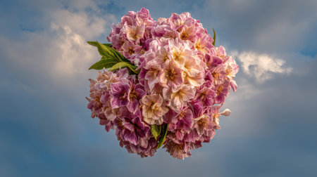 Spherical grouping of numerous pale pink and mauve flowers, tightly packed together with visible green foliage, appears suspended in the mid-ground against an expansive background of blue sky mixed with white and gray clouds, suggesting a magical or dreamlike floating effect.の素材