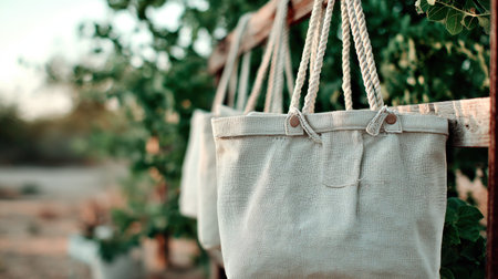 Photograph focuses on a row of light-colored, rustic canvas or natural fiber tote bags hanging from a wooden railing or fence outdoors. The bags feature thick, braided rope handles attached with visible stitching or grommets. The background is softly blurred, showcasing lush green foliage and hints of an open, sunlit outdoor environment, suggesting themes of gardening, market trips, or sustainable living.の素材