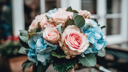 Photograph of a meticulously arranged floral bouquet consisting primarily of soft, blush pink roses nestled among clusters of bright, powder-blue hydrangea florets, interspersed with deep green, waxy leaves, possibly eucalyptus, set against a softly blurred background suggesting an outdoor or interior setting with muted architectural elements.の素材