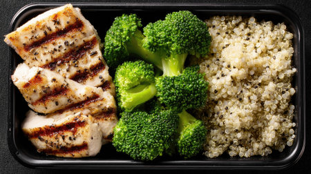 Healthy meal prep with grilled chicken, broccoli, and quinoa.の素材