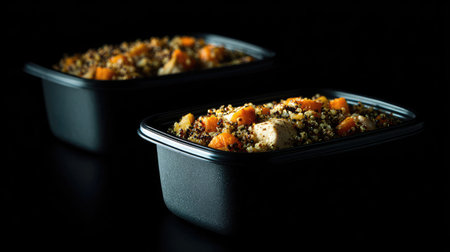 Two containers of healthy grain and vegetable mix are ready for takeout.の素材