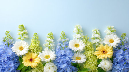 Horizontal arrangement of assorted fresh flowers featuring bright blue delphiniums, lime green  flowers, and cheerful yellow and white gerbera daisies, all positioned along the lower edge of the frame, leaving significant negative space at the top against a solid, light blue background.の素材