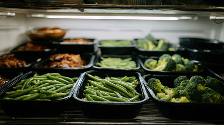 Prepared meals in black containers are stored on shelves in a refrigerator.の素材