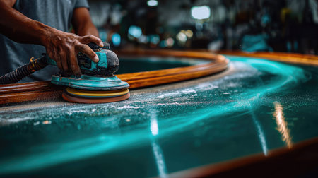 Person is using a sanding machine to finish a piece of teal-colored wooden furniture.  Fine dust is visible on the surface, and the focus is on the hands and the sanding tool.の素材