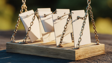 Of several blank, rectangular white cards held in place by small, reflective metal chains fastened to the edges of a weathered wooden block situated on a rough, dark surface, with soft, natural outdoor light illuminating the scene and a blurred green and yellow background suggesting a sunny environment.の素材