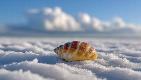 A solitary seashell rests upon a white, textured surface beneath a blue sky.の素材
