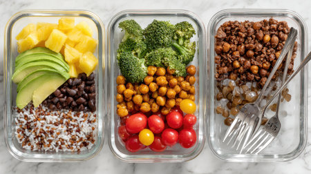 Three glass meal prep containers filled with nutritious foods.の素材