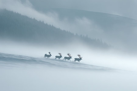 Four reindeer walk across a snowy landscape shrouded in mist.の素材