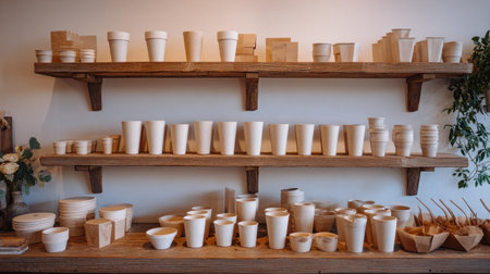 Wide shot capturing a well-lit interior space, possibly a shop or , featuring multiple tiers of thick, dark wooden shelves mounted against a light-colored wall, generously stocked with numerous handcrafted, light-colored ceramic items like cups, mugs, and bowls, alongside some wooden blocks or lids, with a small floral arrangement on the left and trailing greenery visible on the right.の素材