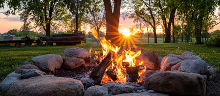 A vibrant campfire burns in a stone ring as the sun sets, casting warm light.の素材