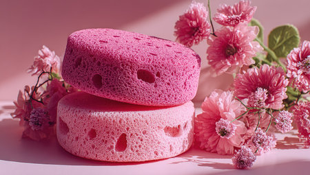 Pink bath sponges are arranged with delicate pink flowers.の素材