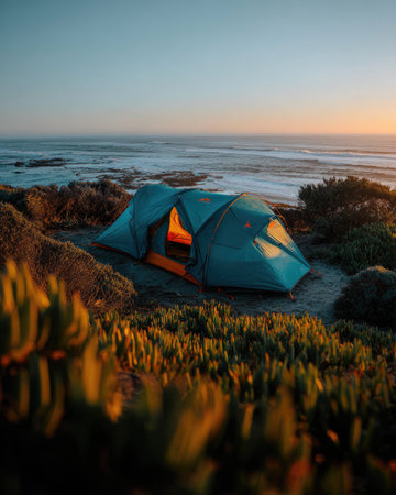 A tent sits on a cliff by the ocean during a warm sunset.の素材