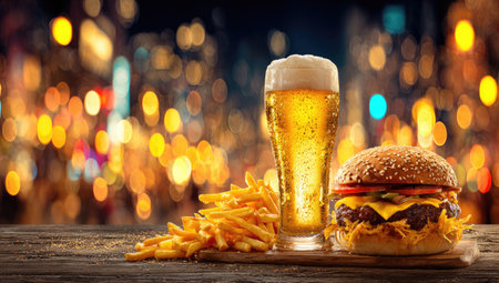 A meal of beer, burger, and fries is presented on a wooden surface.の素材