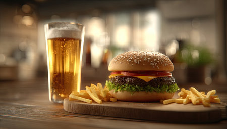 A burger and fries are presented with a glass of beer.の素材