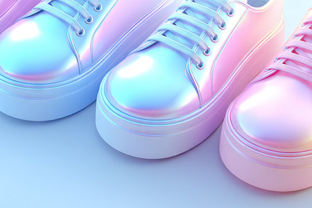 Fashionable pearlescent sneakers with thick soles are displayed.の素材