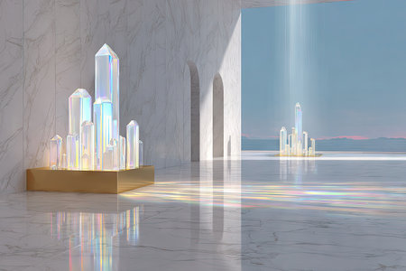 Large, luminous crystals are arranged in a geometric formation on a golden base.の素材