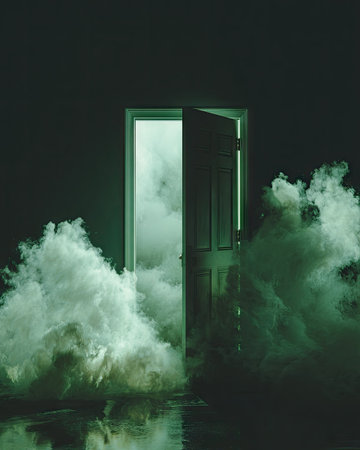 An open door releases a luminous green mist, creating an atmospheric and mysterious scene.の素材