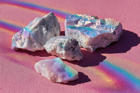 Raw, iridescent crystals are illuminated by a rainbow light effect.の素材