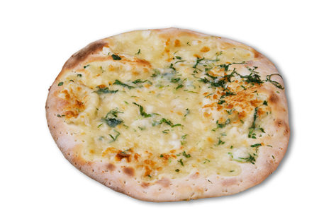 Delicious plain cheese atop freshly baked manakish dough, set against a white backdrop. Highlighting the flavors of Arabic cuisine.の写真素材