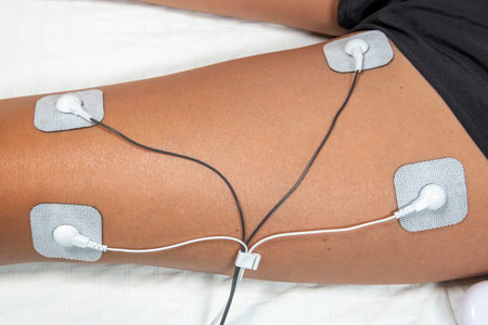 A woman in the 40s uses a TENS (transcutaneous electrical nerve stimulation) and EMS (electronic muscle stimulation) therapy machine at homeの写真素材