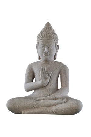 A solitary Buddha sculpture, carved from pale gray stone, sits in contemplation, its right hand forming a meaningful gesture against a clean white backdropの写真素材