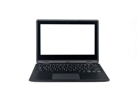 White-screen laptop positioned in a front view, contrasting with a white background showing casing a dual-language QWERTY Keyboard encompassing English and Arabic characters.の写真素材